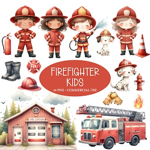 Firefighter Clipart - Watercolor - Kid&#39;s Firefighter Png - Cute Clipart Bundle - Fire Truck - Fire Station - Dalmation - Commercial License