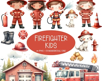 Firefighter Clipart - Watercolor - Kid's Firefighter Png - Cute Clipart Bundle - Fire Truck - Fire Station - Dalmation - Commercial License