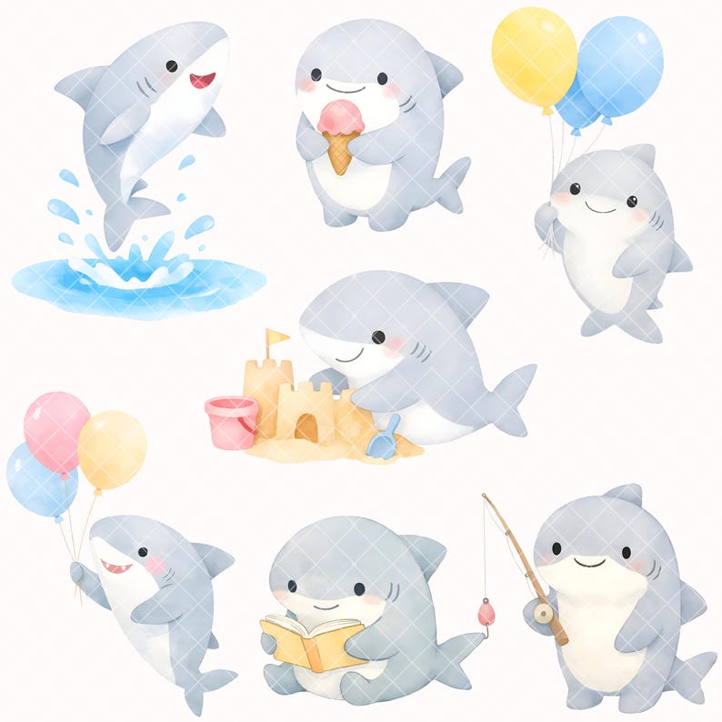 May include: A collection of adorable cartoon sharks in various poses. One shark jumps out of the water, while others hold balloons, eat ice cream, build sandcastles, read a book, and fish. The sharks are primarily light blue with white bellies and pink cheeks.