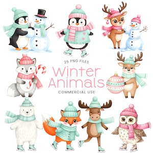 Cute Winter Animal Clipart - Watercolor - Christmas - Nursert Art - Kids Clipart - Penguin - Deer - Polar Bear - Owl - Fox - Commercial Use