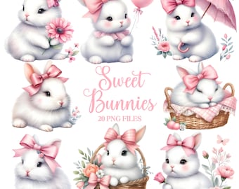 Pode incluir: Um conjunto de 20 ilustrações digitais de coelhos brancos fofinhos com laços rosa e detalhes florais. Os coelhos estão em várias poses, incluindo sentados, dormindo e segurando flores. O texto "Sweet Bunnies" e "20 PNG Files" está incluído na imagem.