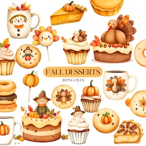 Jesienny deser Clipart - Słodki - Święto Dziękczynienia - Dynia - Strach na wróble - Indyk - Ciasto - Babeczka - Ciasto - Jesienne słodycze Clipart - Cake Pops - Pączek