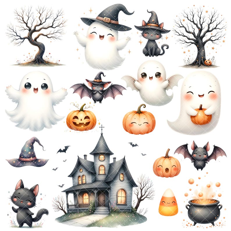 Cute Halloween Clipart - Watercolor - Ghost - Frankenstein - Princess ...