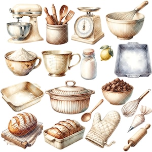 Puede incluir: Una colecci&oacute;n de utensilios de cocina y suministros para hornear, que incluyen una batidora de pie, tazas medidoras, un batidor, un rodillo, una manga pastelera, una hogaza de pan, un taz&oacute;n de chispas de chocolate y un taz&oacute;n de harina.
