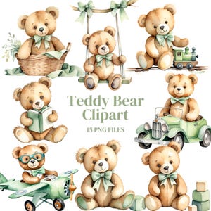 Teddybeer clipart - aquarel - babyshower - saliegroen - direct downloaden - schattige beer - kwekerij - png - teddybeer verjaardag