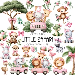 Puede incluir: Una colección de ilustraciones en acuarela con animales de safari, incluyendo leones, elefantes, jirafas y una cebra. Los animales están adornados con lazos rosas y se encuentran sobre un fondo de vegetación y acentos rosas. El texto dice "Little Safari".