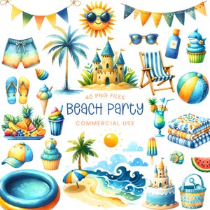 Beach Clipart - Watercolor - Beach Party Png - Summer Clipart - Sandcastle - Swimsuit - Pool - Ice Cream - Ocean - Cute - Commercial Use