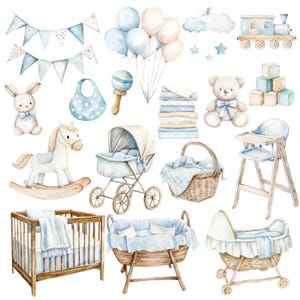 Op de afbeelding: Een aquarel-illustratie van babyjongens-kinderkamerdecor. De illustratie bevat een wieg, een schommelpaard, een kinderwagen, een kinderstoel, een mand, een teddybeer, een rammelaar, een slabber en een set blauwe en witte ballonnen.