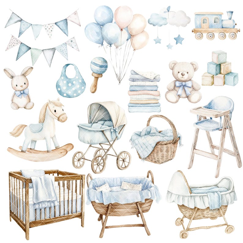 Op de afbeelding: Een aquarel-illustratie van babyjongens-kinderkamerdecor. De illustratie bevat een wieg, een schommelpaard, een kinderwagen, een kinderstoel, een mand, een teddybeer, een rammelaar, een slabber en een set blauwe en witte ballonnen.