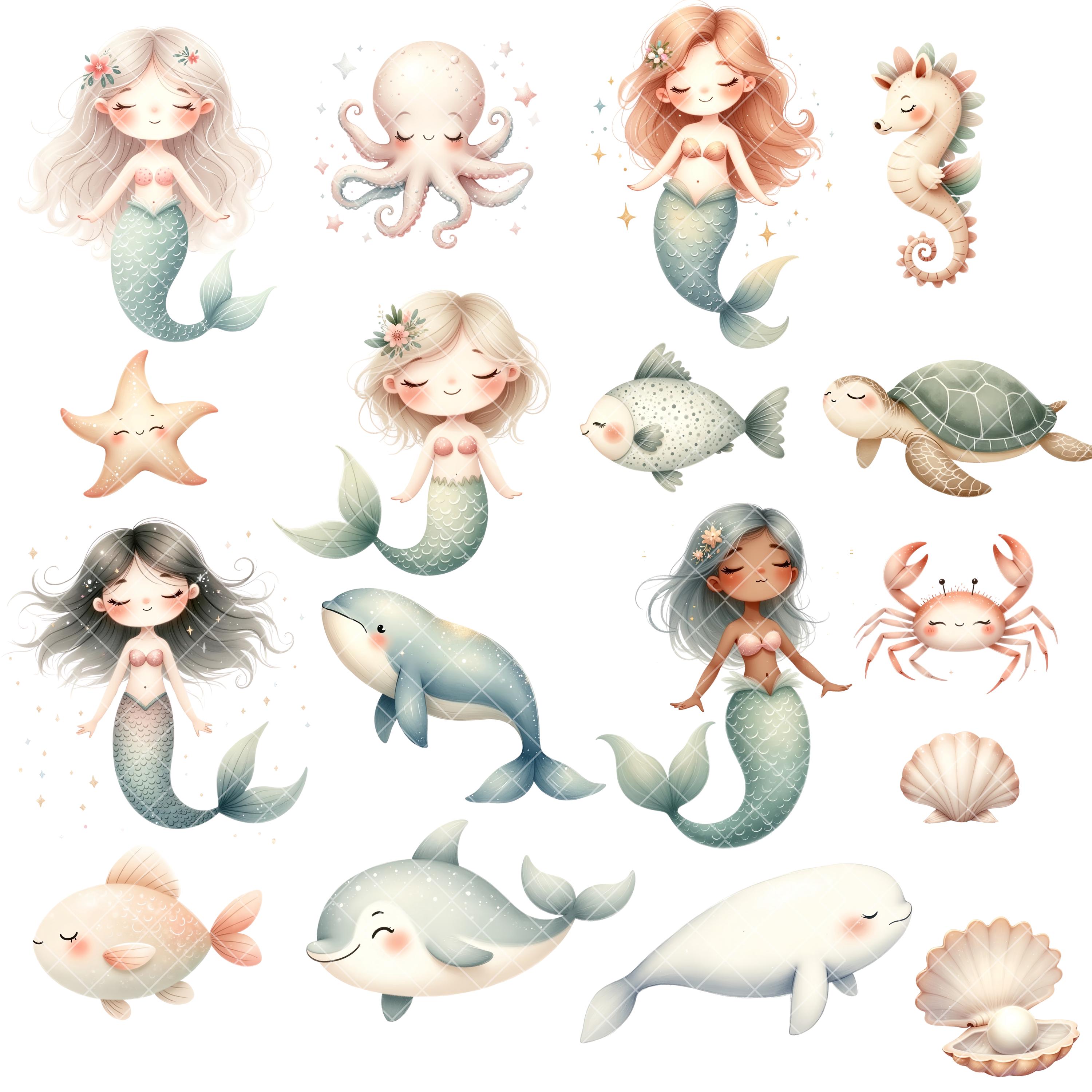 Mermaid Clipart Bundle - Watercolor - Under the Sea - Neutral - Mermaid ...