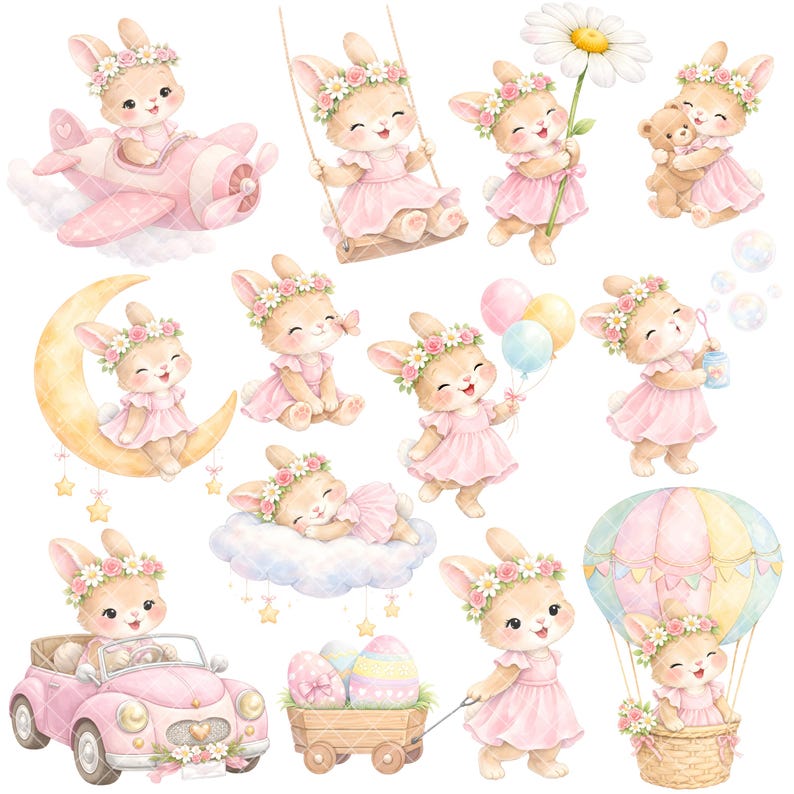 May include: A collection of watercolor illustrations featuring adorable bunnies in pink dresses and floral crowns. The bunnies are depicted with various props, including a plane, swing, moon, balloons, and a car. The overall theme is cute and whimsical.