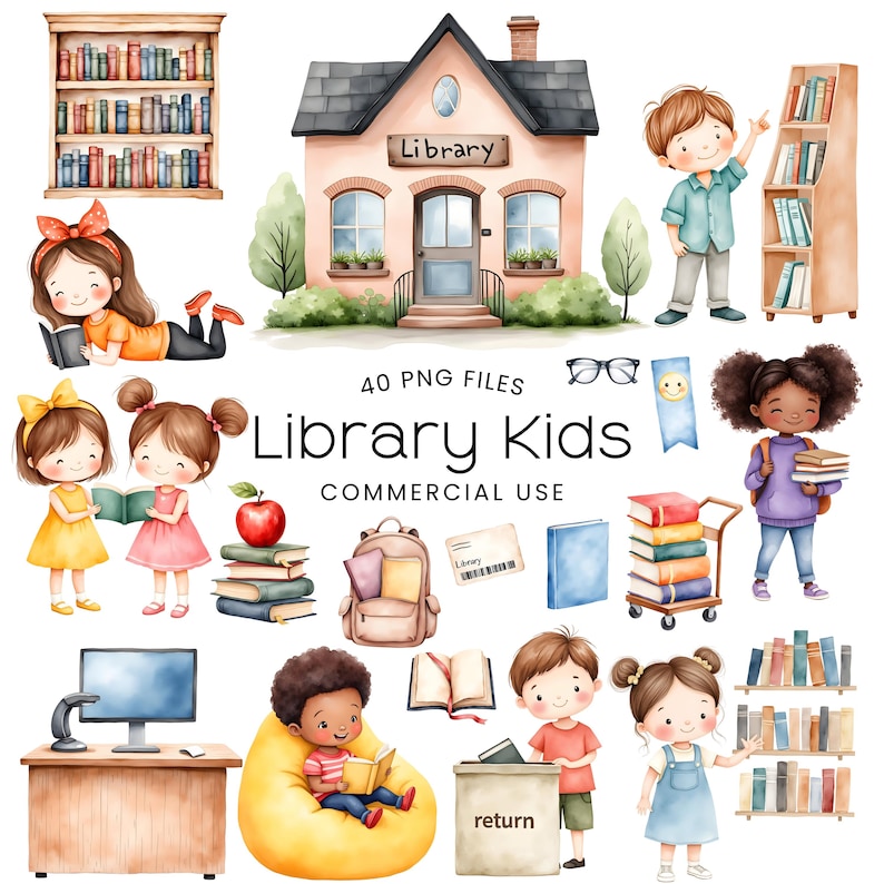 Bibliotek Barn Clipart - Akvarell - Bok Png - Läsning Clipart - Skol Clipart - Söt Barn Clipart Bundle - Kommersiell Licens bild 9