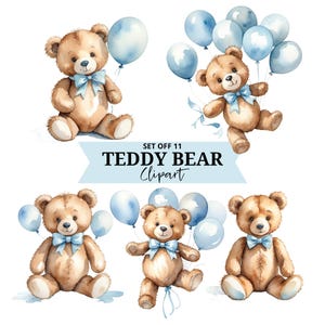 Clipart teddybeer en ballon - aquarel - babyshower - babyjongen - direct downloaden - schattige beer - kwekerij - png - vliegende beer