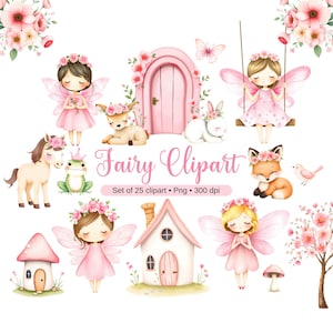 May include: A set of 25 watercolor fairy clipart images. The images include fairies, animals, flowers, houses, and other whimsical elements. The images are perfect for creating invitations, cards, and other crafts.