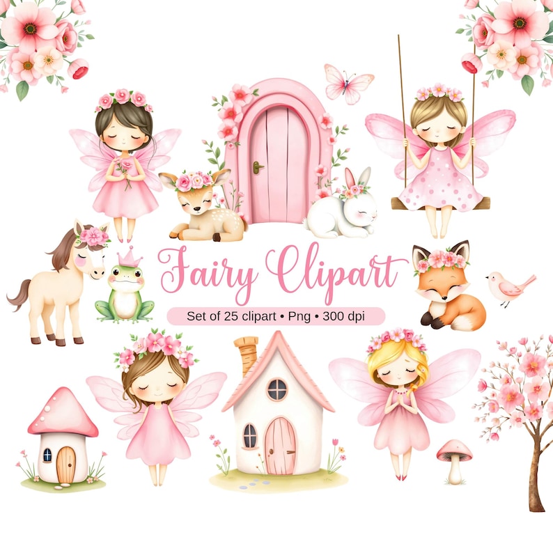 May include: A set of 25 watercolor fairy clipart images. The images include fairies, animals, flowers, houses, and other whimsical elements. The images are perfect for creating invitations, cards, and other crafts.