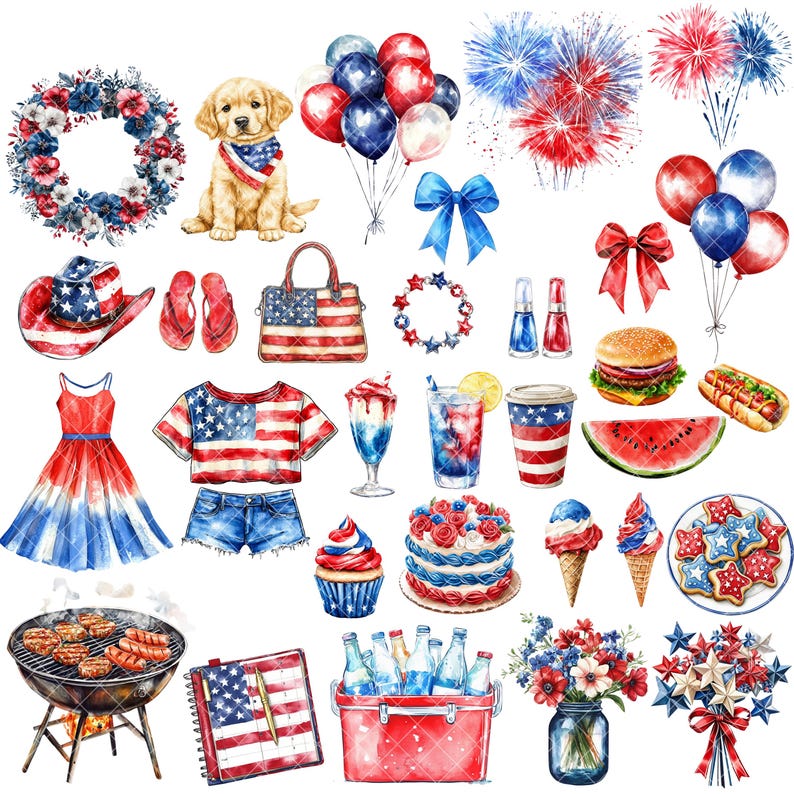 4th of July Clipart - Watercolor - Independence Day Png - Planner ...