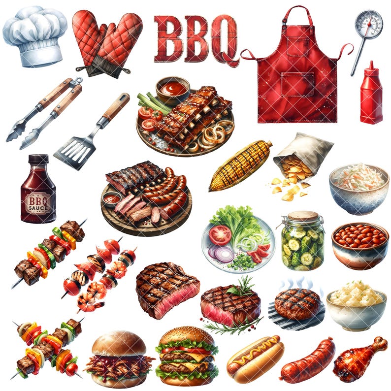 May include: Watercolor illustration of BBQ-themed food and accessories. Includes a chef's hat, oven mitts, a red apron, and various grilled meats like ribs, steaks, and sausages. Also features sides like corn, salad, and baked beans.