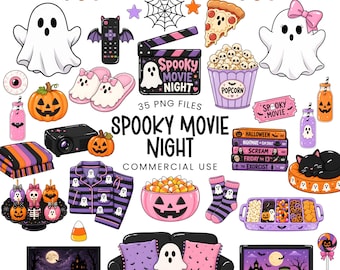 May include: A digital collection of Halloween-themed illustrations featuring ghosts, a pumpkin, a popcorn bucket, a movie clapperboard with the text Spooky Movie Night, a stack of horror movie DVDs, pajamas, a sofa, and various snacks in purple, pink, and orange.