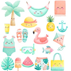 May include: A collection of cartoon illustrations featuring summer-themed items. Includes a palm tree, hammock, beach towel, sun hat, pineapple, anchor, kite, swimsuit, flip-flops, flamingo, snorkel, fish, leaf, popsicle, watermelon, shorts, and tote bag.