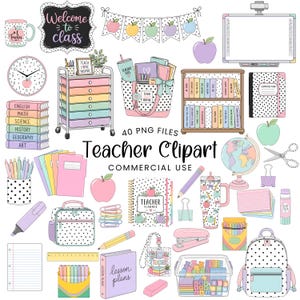 May include: A collection of 40 digital clipart illustrations featuring classroom supplies including a rolling cart, books, a globe, a backpack, a lunch bag, stationery, apples, a clock, a whiteboard, and a planner with polka dot and pastel patterns.