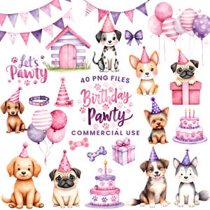 Puppy Pawty Clipart - Aquarela - Cute Dog Png - Puppy Birthday Clipart - Let's Pawty - Raças de cães - Aniversário de menina - Licença comercial