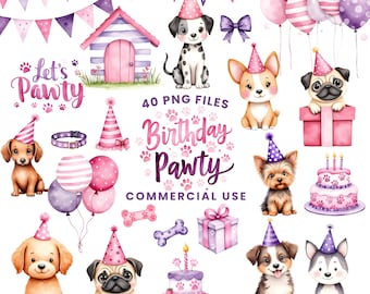 Puppy Pawty Clipart - aquarel - schattige hond Png - puppy verjaardag Clipart - Let's Pawty - hondenrassen - verjaardag meisje - commerciële licentie