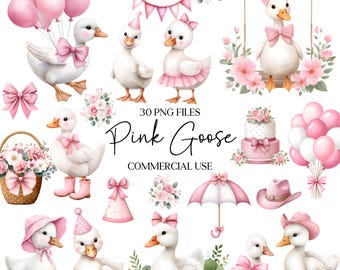 Pink Goose Clipart - Watercolor - Cute Geese Png - Silly Goose - Girl Clipart - Birthday - Commercial Use