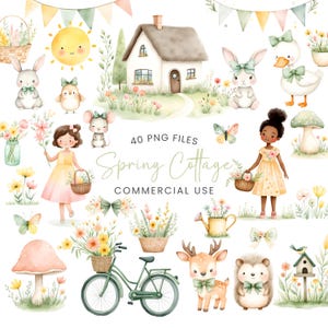 Spring Cottage Clipart - Watercolor - Cute Spring Clipart - Cottagecore- Rustic - Farm - Spring Animals - Kids Clipart - Commercial Use