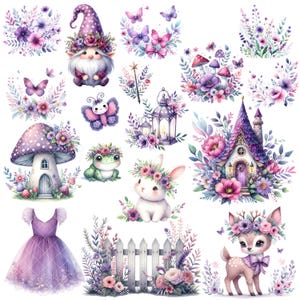 Op de afbeelding: Een set aquarel illustraties met een sprookjesachtig tuinthema. De illustraties bevatten een kabouter, een paddenstoelhuis, een konijn, een hert, een kikker, een vlinder, een lantaarn, een schutting en verschillende bloemen en bladeren.