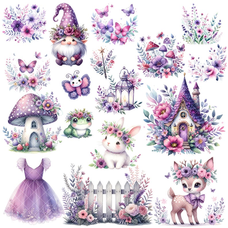 Op de afbeelding: Een set aquarel illustraties met een sprookjesachtig tuinthema. De illustraties bevatten een kabouter, een paddenstoelhuis, een konijn, een hert, een kikker, een vlinder, een lantaarn, een schutting en verschillende bloemen en bladeren.
