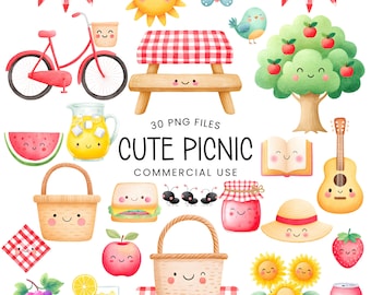 Picnic Clipart - Watercolor - Cute Kawaii Png - Commercial Use - Spring Clipart