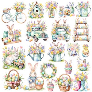 May include: A collection of watercolour illustrations featuring Easter themes. The illustrations include bunnies, eggs, flowers, a birdhouse, a watering can, a bicycle, a truck, a wreath, a cupcake, a chick, a basket, and a pair of wellies.