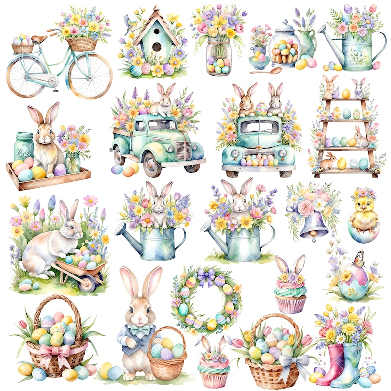 May include: A collection of watercolour illustrations featuring Easter themes. The illustrations include bunnies, eggs, flowers, a birdhouse, a watering can, a bicycle, a truck, a wreath, a cupcake, a chick, a basket, and a pair of wellies.