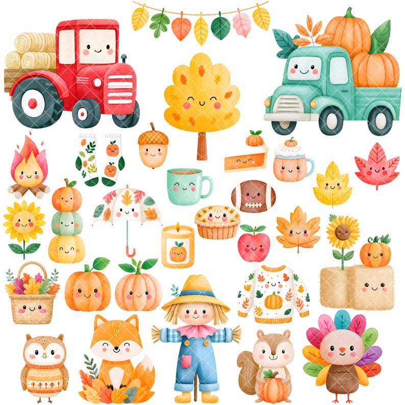 May include: A collection of watercolour illustrations featuring autumn-themed characters and objects, including a red tractor, a teal truck with pumpkins, a scarecrow, a fox, an owl, a turkey, a squirrel, various leaves, and smiling food items.