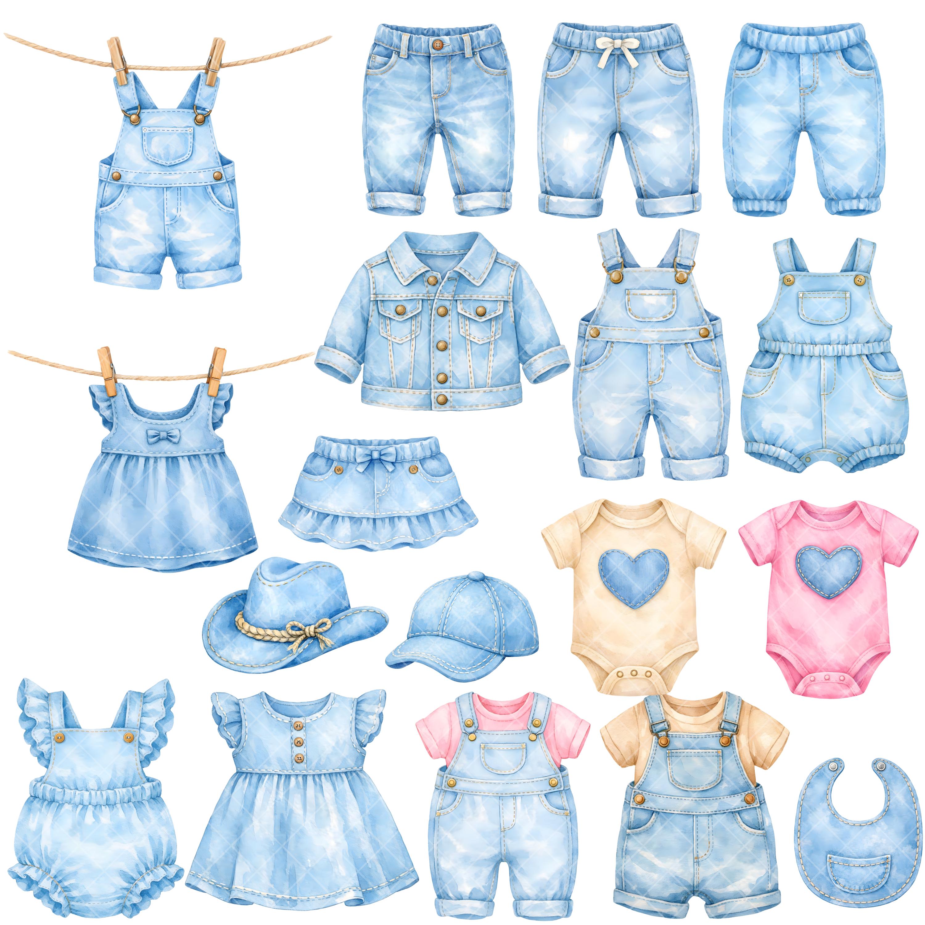 Blue Jean Baby Clipart - Watercolor - Denim Baby Clothes - Baby Shower ...