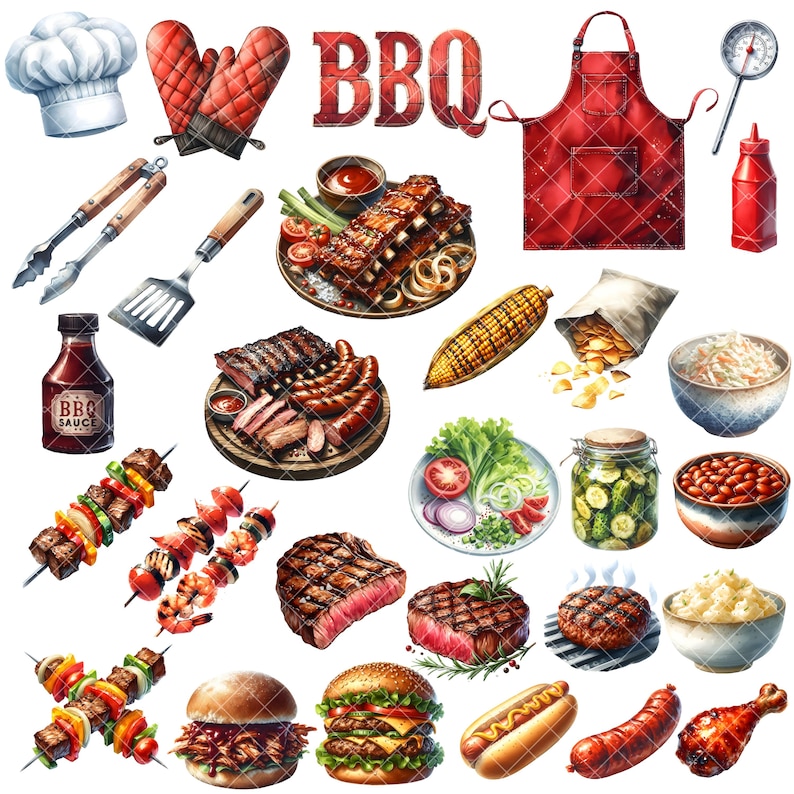 May include: Watercolor illustration of various barbecue items, including ribs, steaks, burgers, hot dogs, and skewers. Also features a chef's hat, oven mitts, an apron, and side dishes like corn, salad, and beans. A bottle of BBQ sauce is also included.