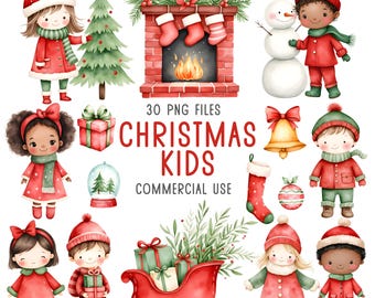 May include: A collection of watercolour illustrations featuring Christmas-themed children and decorations. The image includes children in winter clothes, a Christmas tree, a fireplace with stockings, a snowman, a sleigh with gifts, and the text "Christmas Kids".