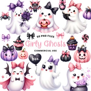 May include: A collection of cute, girly Halloween-themed graphics. The image features smiling ghosts with bows, pumpkins, bats, cupcakes, and a black balloon that says "boo." The text "Girly Ghosts" and "50 PNG FILES COMMERCIAL USE" are also included.