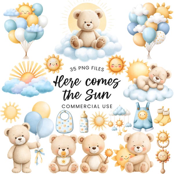 Here comes the sun clipart - Watercolor - Baby Shower Png - Teddy bear clipart - Commercial Use