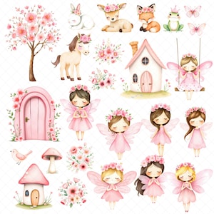 May include: A set of watercolor illustrations featuring fairies, animals, and flowers. The illustrations are in shades of pink and white and feature a variety of whimsical elements, including a fairy house, a swing, and a door.
