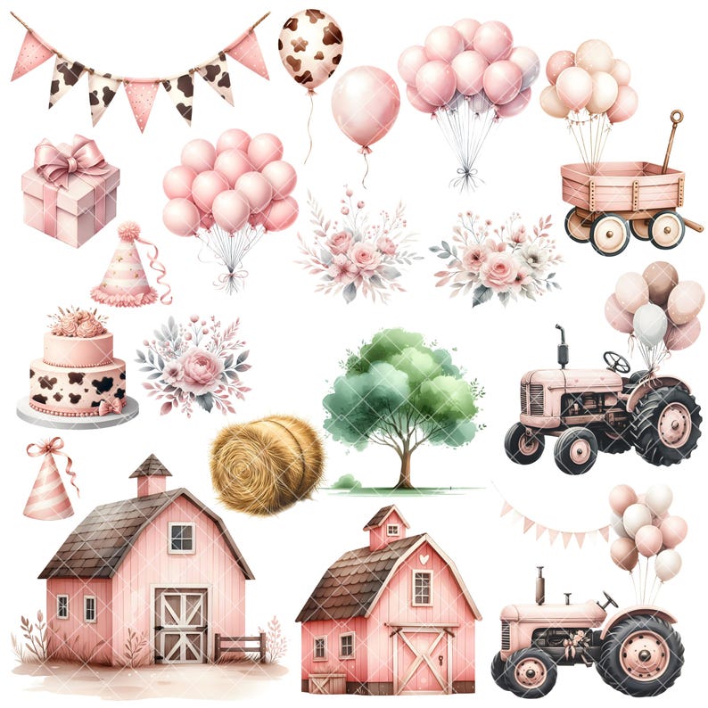 Farm Birthday Clipart - Watercolor - Cute Farm Png - Pink Farm ...