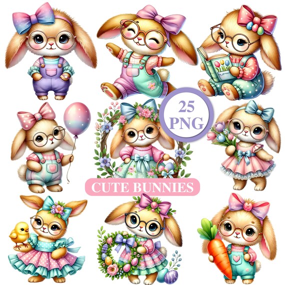Watercolor Bunny Clipart: Girl Rabbit PNG, Easter Design (Commercial License)