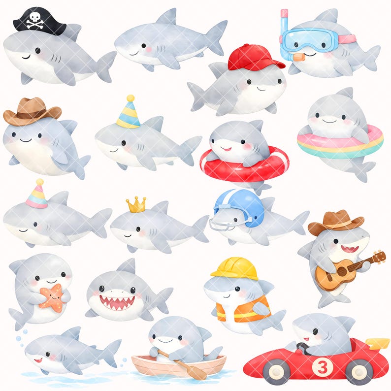 May include: A collection of cartoon shark illustrations in various poses and outfits. Sharks are depicted wearing a pirate hat, cowboy hat, party hat, and more. Some sharks are in a race car, boat, and wearing a life preserver.
