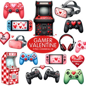 May include: A set of 15 digital illustrations featuring gamer-themed Valentine's Day graphics. The graphics include a retro arcade game, a video game console, a pair of headphones, a VR headset, and various controllers, all decorated with hearts and Valentine's Day-themed designs. The text "Gamer Valentine" and "15 PNG. Commercial Use" is also included.