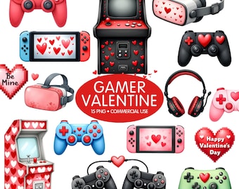 Valentine Gamer Clipart - Watercolor - Video Game Png - Valentine's Day Clipart - Arcade - Controllers - VR - Hearts - Commercial License