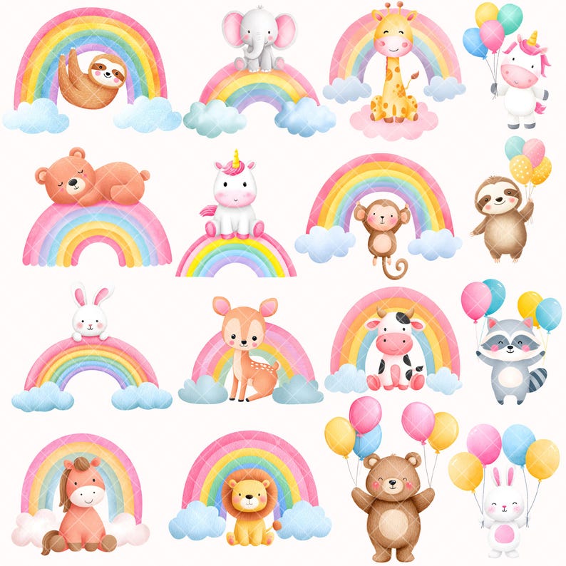 Cute Rainbow Clipart - Watercolor - Nursery Animals - Birthday Png ...