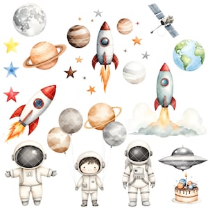 May include: Watercolor illustration of space-themed elements, including planets, stars, rockets, astronauts, and a UFO. The design features a variety of celestial bodies, rockets with flames, and cartoon astronauts in white space suits. The overall color palette is soft and whimsical.