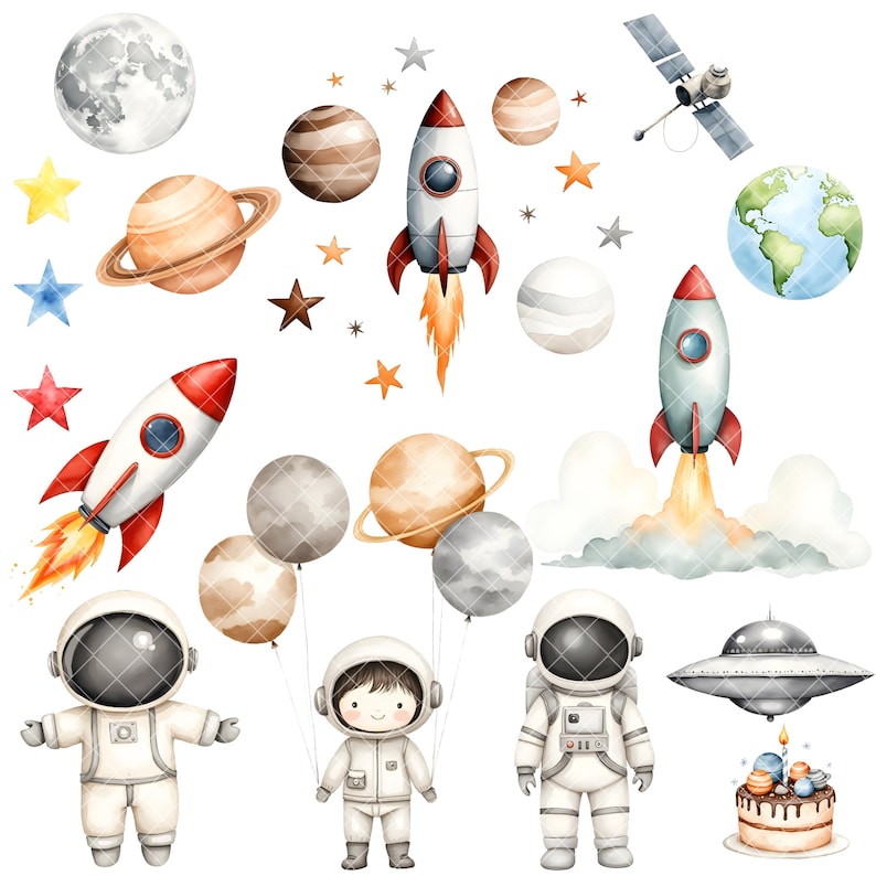 May include: Watercolor illustration of space-themed elements, including planets, stars, rockets, astronauts, and a UFO. The design features a variety of celestial bodies, rockets with flames, and cartoon astronauts in white space suits. The overall color palette is soft and whimsical.