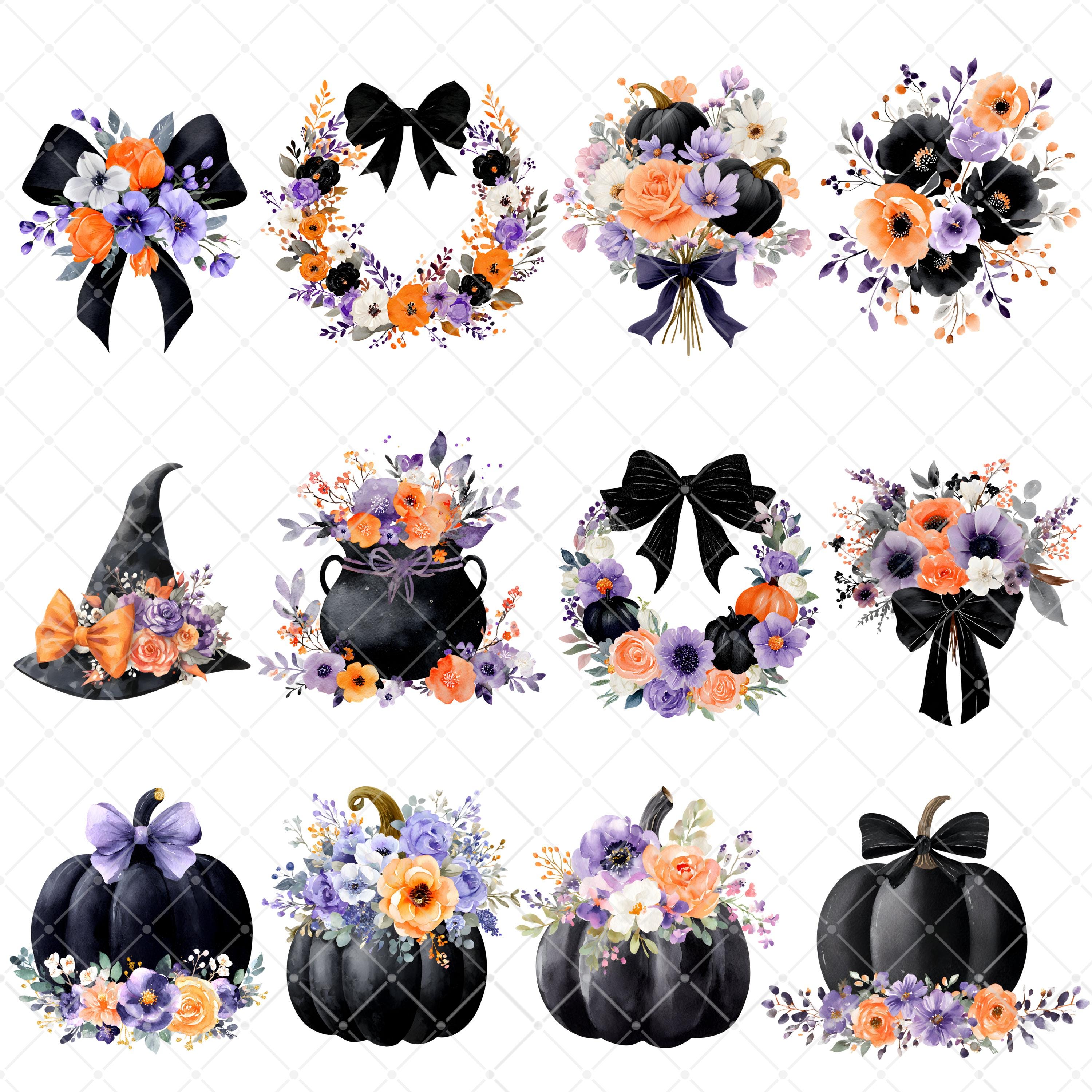 Halloween Clipart - Watercolor - Floral Pumpkin Png - Black Pumpkin ...