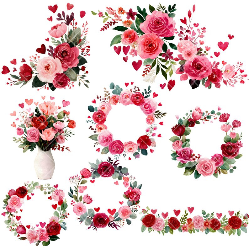 Valentine Floral Clipart - Watercolor - Botanical Png Bundle - Floral ...